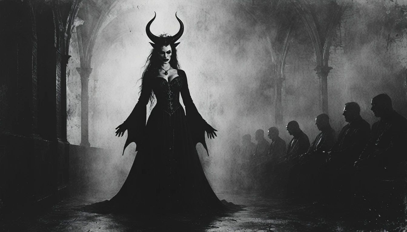 a painting of a holy succubus with horns, chiasmus, gloves, gothic dress, vampire the masquerade bloodlines, incredible art, gloomy background, nimbus, church ragged vestments, darksketch, close-up