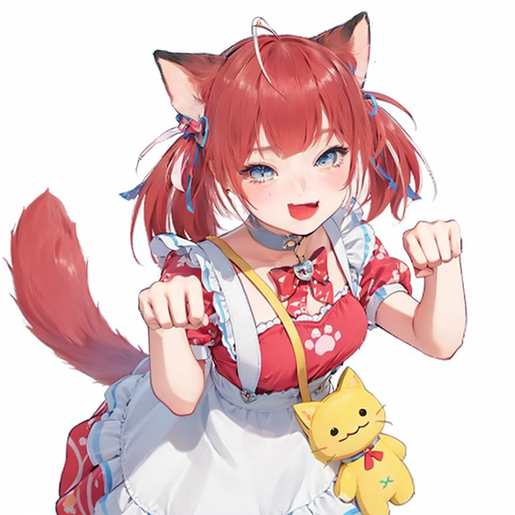 最high quality, (masterpiece:1.2), Very detailed, Are standing, Cat ear, One girl, alone, Looking at the audience, Mouth closed, smile, From above, Red hair, Twin tails , Blue ribbon hair ornament, Tie your hair up, beautiful, beautiful woman, Perfect body, Perfect breasts, Wear earrings, wear the watch, Looking at the audience, a smile, realism, masterpiece, Skin Texture, Very detailed, High detail, high quality, 最high quality, 1080P, 16K