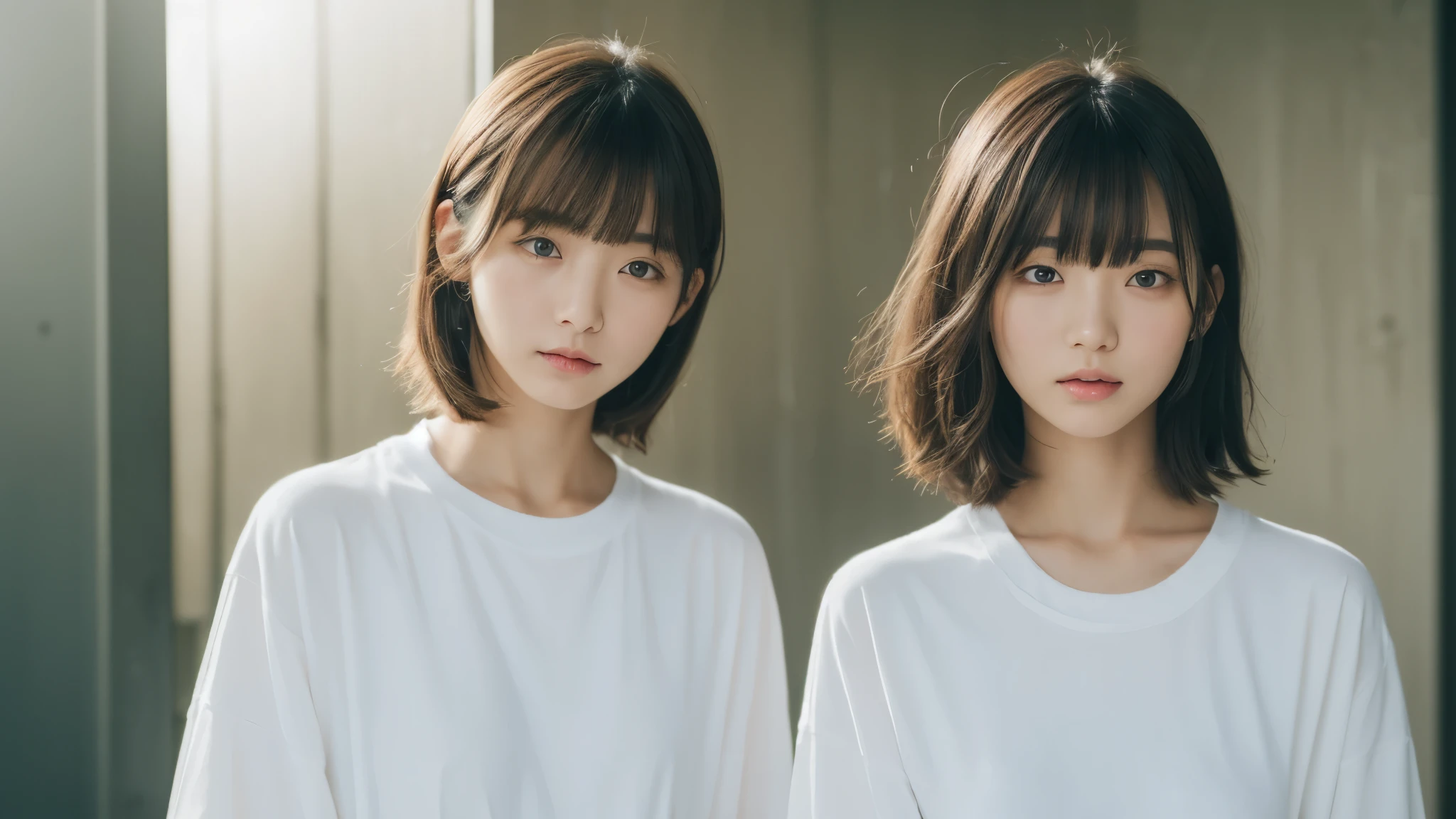 (top-quality、16K resolution)1 girl、solo、natural soft light、、A Japanese Lady、Looking at the camera、Long sleeve white T-shirt、Concrete background、Facing the front、is standing、bobhair、Woman in her late teens、Light bangs、short-hair、Salon model、Natural look、portlate、floated hair、Rolled hair