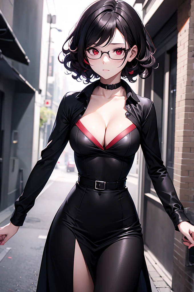 anime sarada curly hair short dress v-cuts sexy cleavage walking on a dark gloomy street scared style photo realism, Fully detailed drawing in black and black and only the red eyes