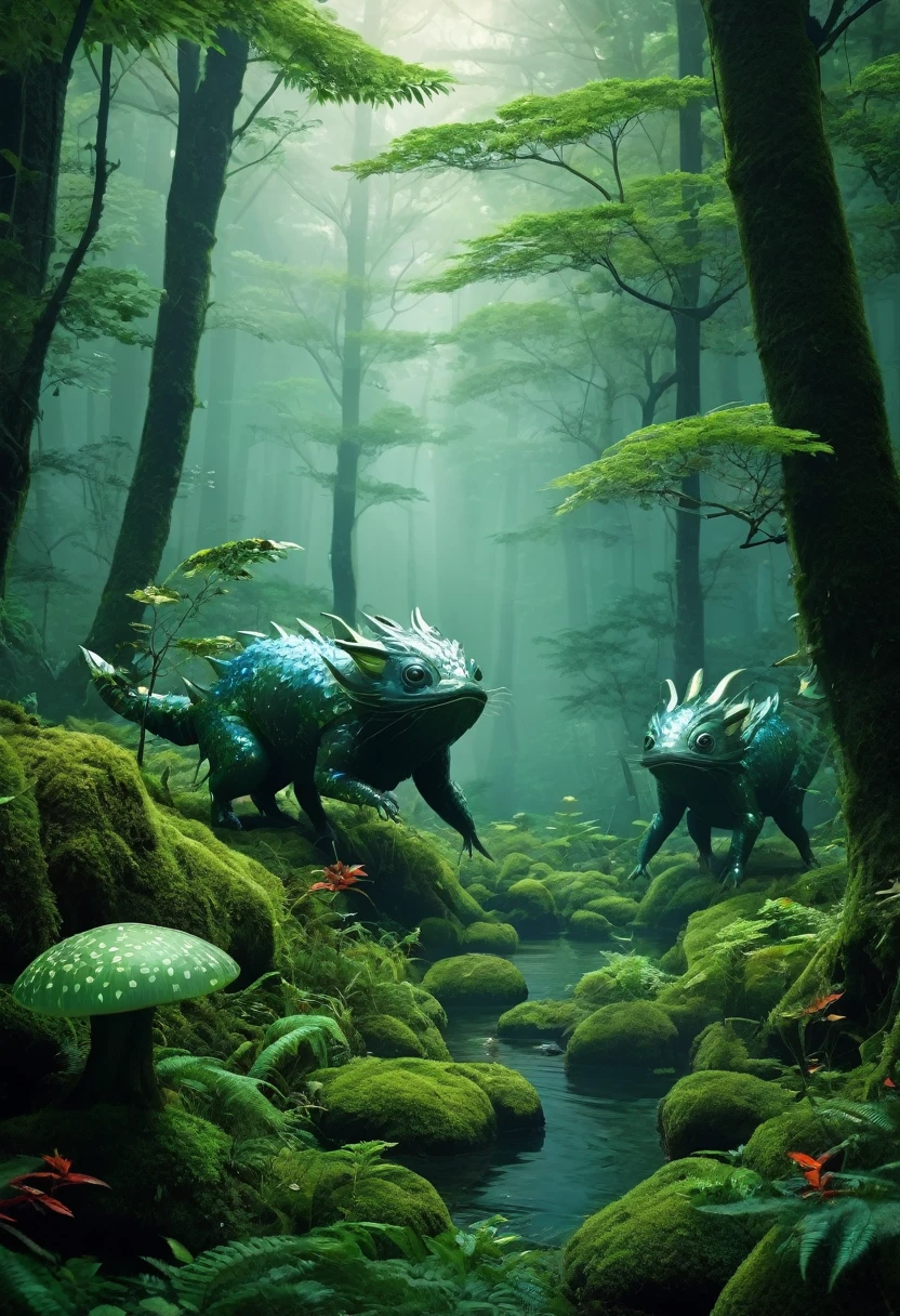 Fictional Unidentified Creatures in the Deep Forest。That's horrible。feel ill。high resolution。delicately。Attack。