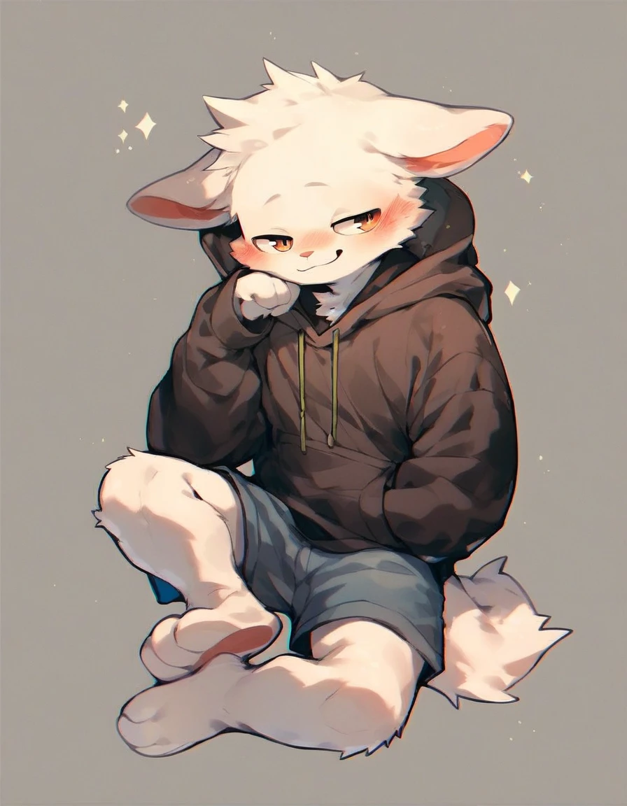 score_9,score_8_up,score_7_up,score_6_up,score_5_up,score_4_up, solo anthro furry, boykisserfur, male, white fur, white ears, smug, blush, hoodie, shorts, full body, 3 mouth