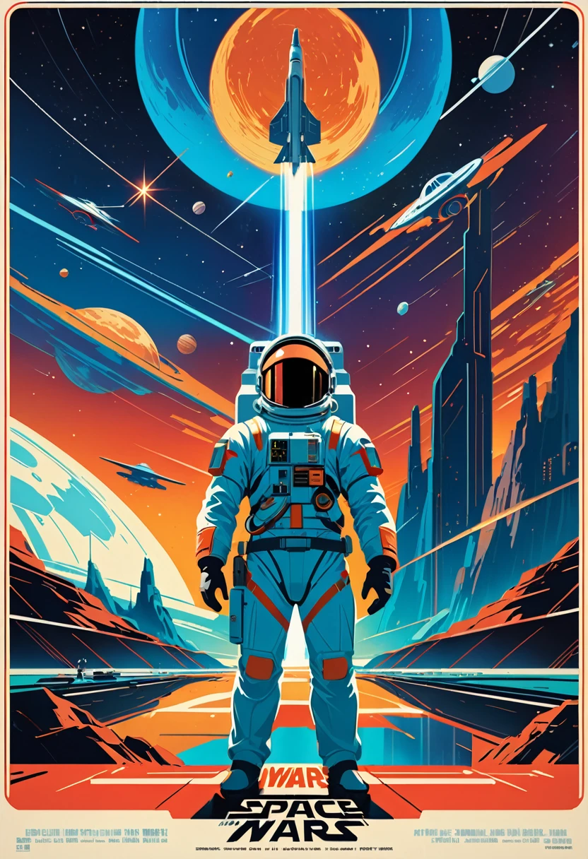 a poster of a man in a space suit standing in front of a star wars scene, space war, official poster artwork, in style of 80s sci-fi art, inspired by Tom Whalen, promotional poster art, space travel, space sci - fi, tom whalen 8 k, of space travel, poster art style, space, award winning scifi art