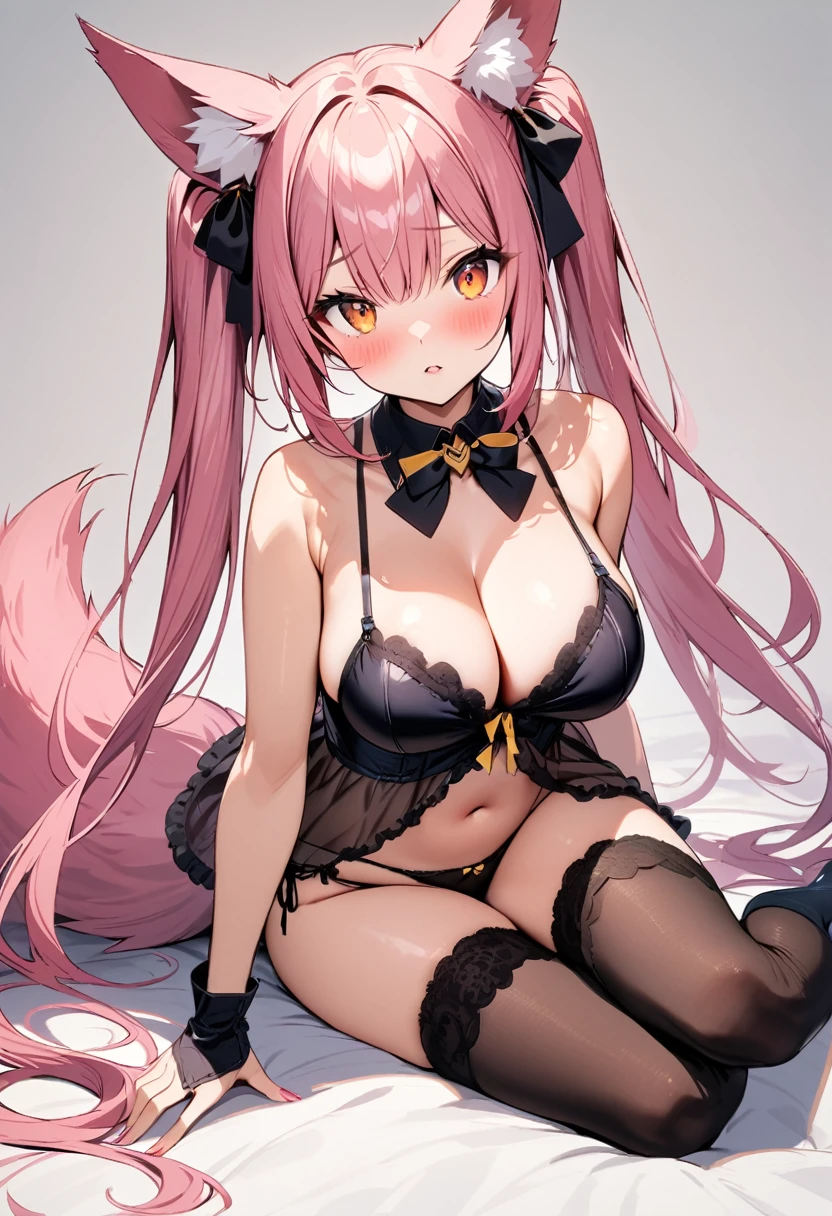 masterpiece, best quality, 1girl, solo, breasts, underwear, thighhighs, panties, animal-ears, long-hair, twintails, pink-hair, large-breasts, navel, very-long-hair, cleavage, blush, bow, high-heels, side-tie-panties, boots, sitting, looking-at-viewer, bare-shoulders, black-thighhighs, detached-collar, parted-lips, thigh-boots, hair-bow, high-heel-boots, yellow-bow, babydoll, tail, bustier, string-panties, black-panties, ribbon, arm-support, fox-ears, orange-eyes, bangs, black-footwear, simple-background, choker
