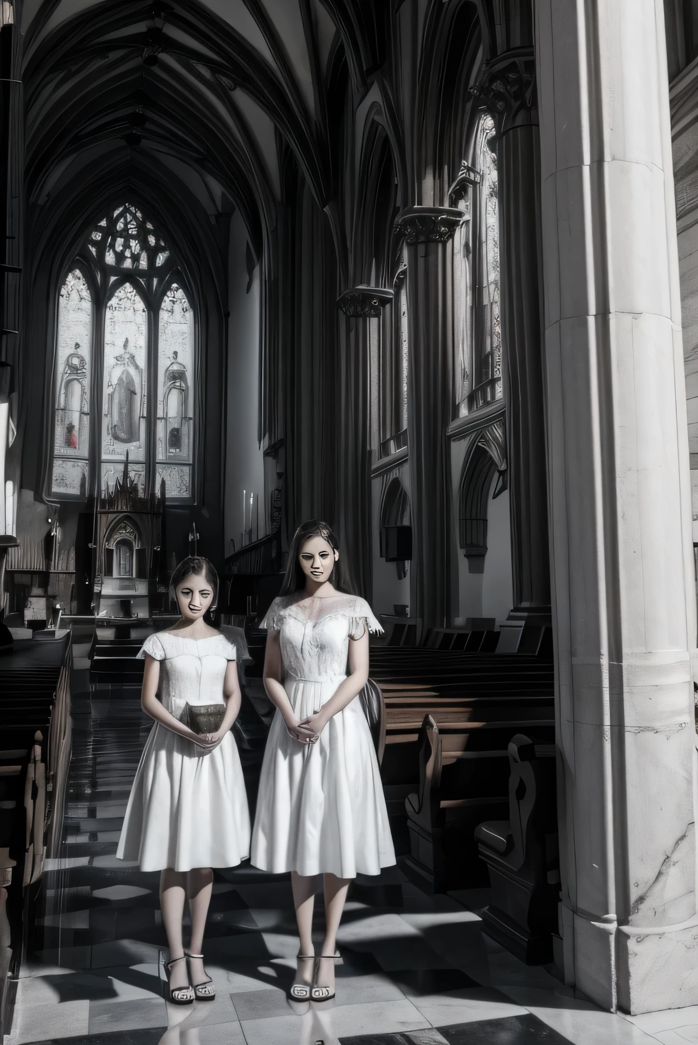 Black and white drawing of a church with sisters with very expensive faces in front