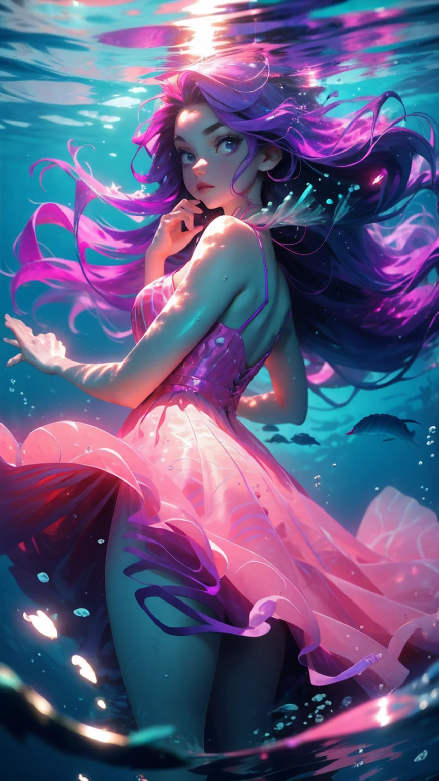 (((underwater))), beautiful young girl, long purple hair, purple dress, water, glowing jellyfish