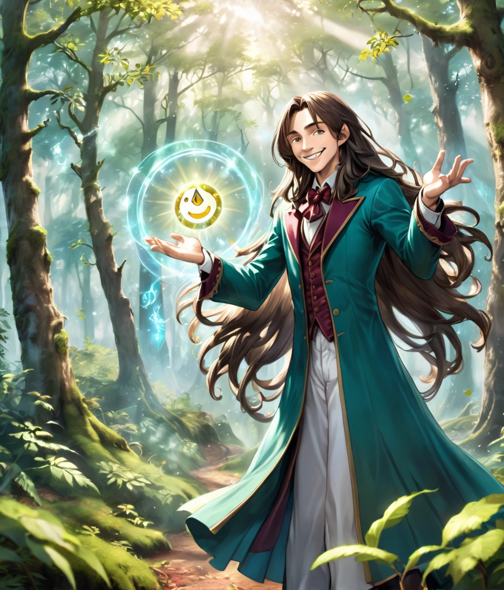 High definition, Fantasy Background, clear day forest, a magician with long hair and a happy face