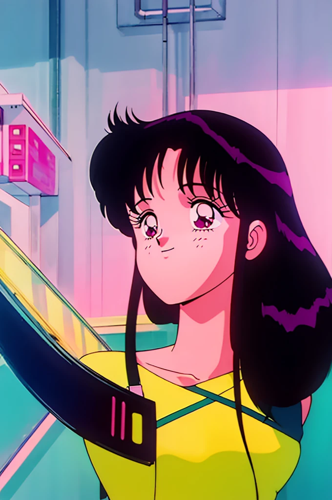 1990s (style), 1980s (style), anime girl, smiling, long black hair, retro computer, vaporwave aesthetic, neon lights, high quality