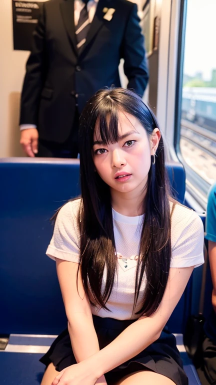 masterpiece, High resolution, Ultra High resolution, 4K, Black Hair, Japanese Girls, Uniform skirt, Accentuate your thighs, White thighs, Soft thighs, Shiny thighs, Sitting on a train, Facing angle, Angle from below, Sitting on a train Seat, Sit in front, Zoom camera to hip joint, Put your feet on the train floor, whole body, Looking down and sleepy, Only watching the audience, Highest quality, Ultra High resolution, Realistic, High resolution, detailed, RAW Photos, sharp, Nikon Film Stock Photos, Rich lens color, Ultra-realistic and realistic texture, Dramatic lighting, Unreal Engine,