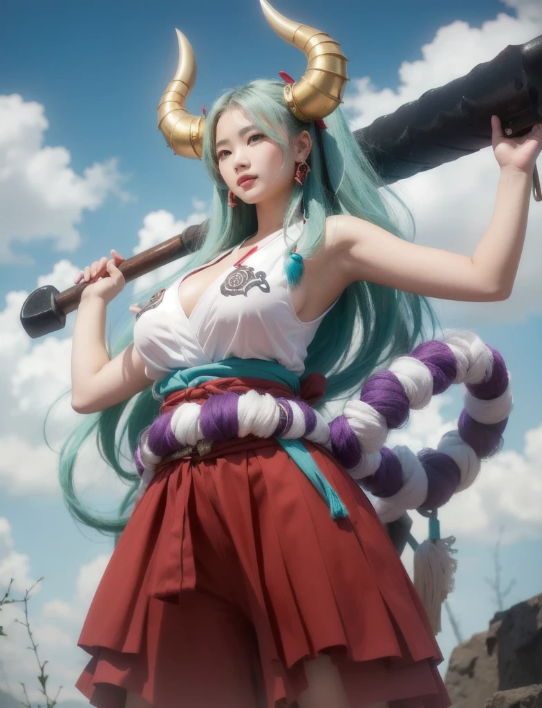 cute jananense girl, red horn, Wearing a white sleeveless kimono, studded two-handed war club (kanabō), big breast, realistic