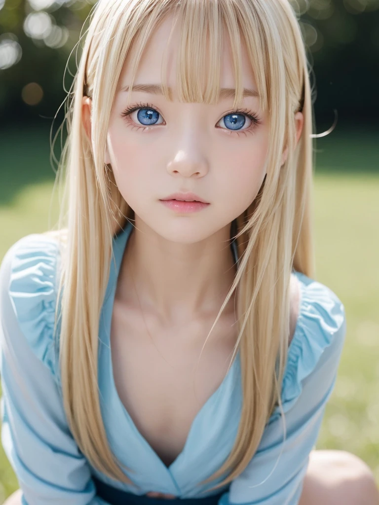 Bright expression、Photorealism、Highest quality、Ultra-high resolution、picture、北欧生まれのbeautiful少女の写真、(((squat)))、(((大きなchest)))、並外れたbeautiful少女、細部まで可愛くbeautiful顔、(Purelos Face_v1:0.008)、beautiful bangs、Alice in Wonderland、、Glowing White Skin、Blonde bangs that reach down to the face、Bangs between the eyes、Super long hair、光沢のあるbeautiful明るいプラチナブロンドの超ロングストレートシルキーハイナーヘア、High resolution eyes、beautiful, Bright and clear, Big bright blue eyes sparkle with charm、Wedding dress、eyeliner、double eyelid、Going to bed、Spread your hair、 (((small, a bit, flat_chest, skinny))),