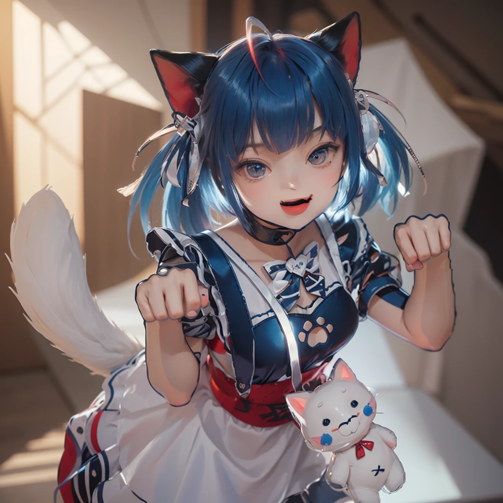 最high quality, (masterpiece:1.2), Very detailed, Are standing, Cat ear, One girl, alone, Looking at the audience, Mouth closed, smile, From above, Red hair, Twin tails , Blue ribbon hair ornament, Tie your hair up, beautiful, beautiful woman, Perfect body, Perfect breasts, Wear earrings, wear the watch, Looking at the audience, a smile, realism, masterpiece, Skin Texture, Very detailed, High detail, high quality, 最high quality, 1080P, 16K
