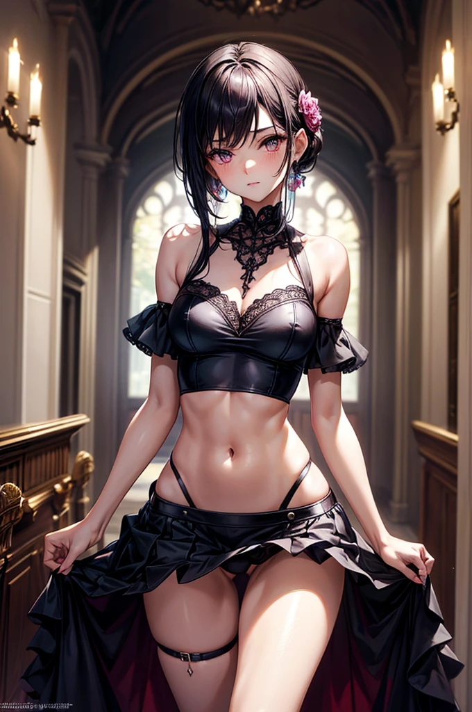 gorgeous, masterpiece, best quality, high-resolution, finely detailed, extremely detailed and beautiful, distinct-image, 1 girl, 16 year old ager, solo, sharp facial features, oval shaped face. cherry pink lips, lightly tanned white skin. velvet-colored eyes, C-cup breasts, tall height(175cm), slim yet chiseled body type, short shoulder length dark violet-black hair, small narrow waist, long and slender legs, curvy wide hips, elegant gothic courtyard setting, crisscross bralette top, stockings