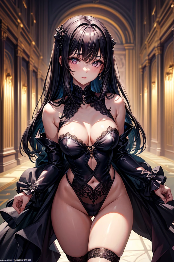 gorgeous, masterpiece, best quality, high-resolution, finely detailed, extremely detailed and beautiful, distinct-image, 1 girl, 16 year old ager, solo, sharp facial features, oval shaped face. cherry pink lips, lightly tanned white skin. velvet-colored eyes, C-cup breasts, tall height(175cm), slim yet chiseled body type, short shoulder length dark violet-black hair, small narrow waist, long and slender legs, curvy wide hips, elegant gothic courtyard setting, crisscross bralette top, stockings