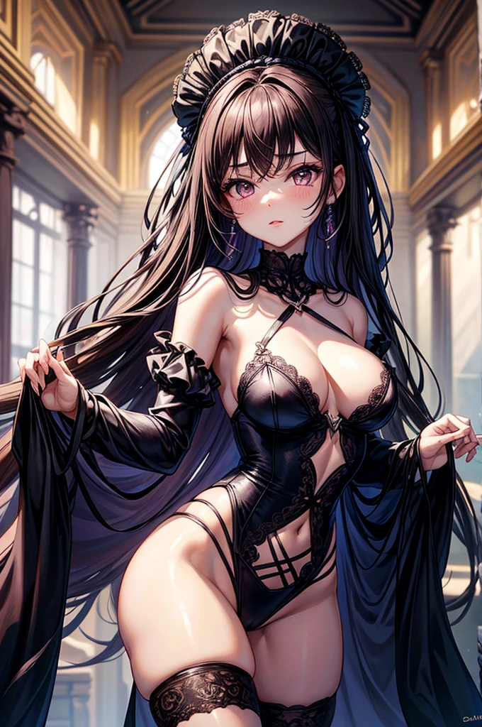 gorgeous, masterpiece, best quality, high-resolution, finely detailed, extremely detailed and beautiful, distinct-image, 1 girl, 16 year old teenager, solo, sharp facial features, oval shaped face. cherry pink lips, lightly tanned white skin. velvet-colored eyes, C-cup breasts, tall height(175cm), slim yet chiseled body type, short shoulder length dark violet-black hair, small narrow waist, long and slender legs, curvy wide hips, elegant gothic courtyard setting, crisscross bralette top, stockings