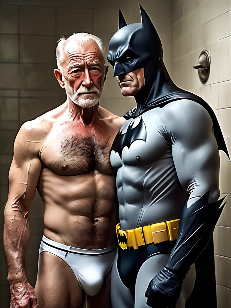 score_9, score_8_up, score_7_up, score_6_up, score_5_up, score_4_up , ,photo realistic,2men,
slim old man Alfred (butler, intelligent, gentlemanly, slim, in his 60s) and young guy Batman (hairy, muscular,handsome, tall, body covered in scars,30years old) wearing only a mask embrace each other in the shower in white briefs