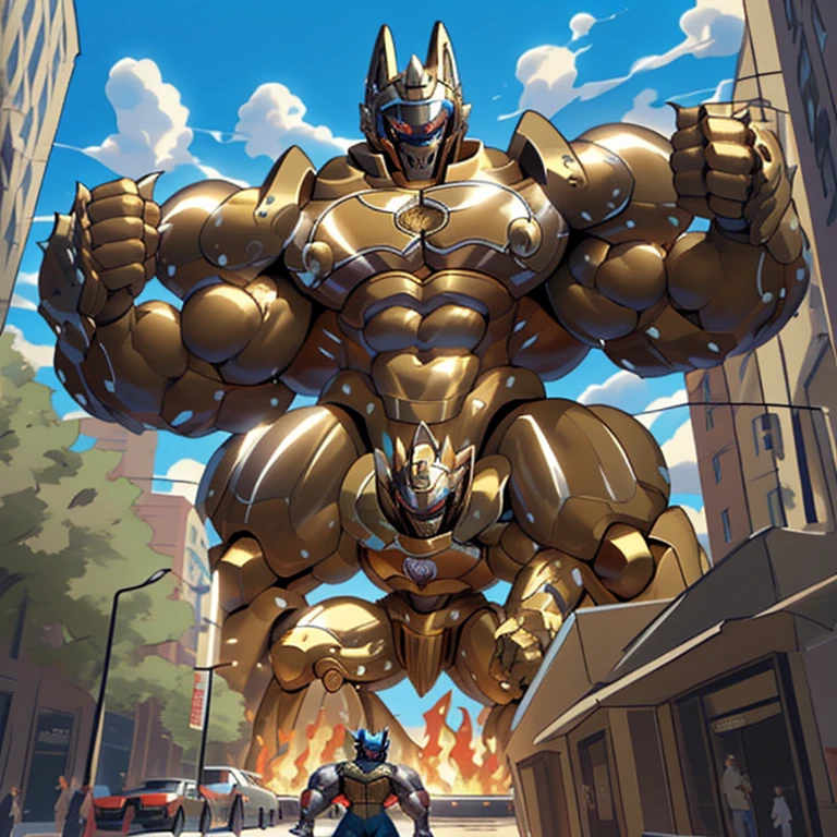 (Solo. masterpiece. official art. 8k. best quality. detailed full body. full body.)
(situation 1 : dominating Shiny_Mega_Lucario. Shiny_Mega_Lucario is over 1000 meters long. focus GIANT mechanical Muscular Shiny_Mega_Lucario is trampling the city. Looking down. macro. stomp. Low-angle perspective. emphasizing the immense size.)

(situation 2 :smoke and flames rising from the destruction in the city)

(Additional details 1: wearing a full-face helmet. golden armor. Armored Flazzard. Armored_Flazzard. high-tech bio-mecha armor. real texture material. whole body shines like metal. Wearing cyberpunk mecha. emphasizes the muscles. suit fully made of metal. intricate armor. Robotic suit. suit fully made of metal. cyborg. He is wearing a golden cloak.).  (medieval armor : 0.8)

(Additional details 2: (Detailed head. Detailed Body. Detailed abs. gigantic muscles. HYPER MUSCLES. Gigachad Muscular. big muscle. pecs. triceps. traps. unusually developed muscular body. body full of huge muscles. showing off muscles. pectorales enormes. Exaggeratedly huge muscles. huge muscles. long legs.).

(Additional details 3: Spread wings. It has wings. have big wings. The claws are sharp. Sharp teeth).

(Additional details 4: golden hyper penis. hyper golden penis. big penis)  (Hyper Muscles : 1.2) 