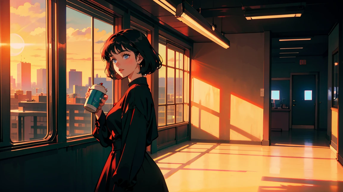 5Star Hotels,cafeteria,Woman drinking coffee, skyscraper, Traveler, A dress with atmosphere, Adult women ,Perfect Face, smile, (Backlight: 1.1), A scene from a movie, Soft Shadows, masterpiece, Highest quality, Complex, Model shooting style, Film Grain, Wide Shot、Red lipstick、Blue tones