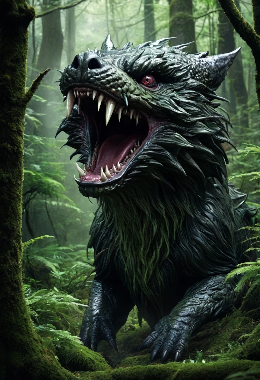 Fictional Unidentified Creatures in the Deep Forest。Mouth open and menacing。That's horrible。feel ill。high resolution。delicately。