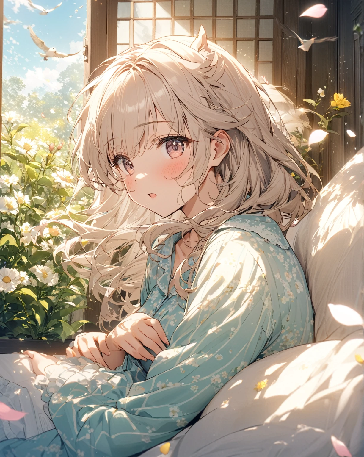  nekogirl (neko ears) in pajamas is laying on the bed enjoying the clear々Fresh morning air and refreshing sunshine, opened French doors allow to see flowers in the garden々is in full bloom、It smells like spring。A work that expresses the freshness of a certain spring morning.。The gentle and calm atmosphere of the whole scene、It is necessary to fully express the cuteness of a woman who stretches in the morning air.。hair blowing in the wind、The wind brings the freshness of spring。the nekogirl profile is beautiful and captivates the viewer.。petals riding the wind､birds chirping、I have a feeling that today is going to be a very good day as well.。Excitement、I can&#39;t help but smile。This scene is rendered in anime style, with vivid contrast and beautiful detail.。high quality、High resolution、masterpiece:1.2。, ((white hair)), ((fox tail)), 