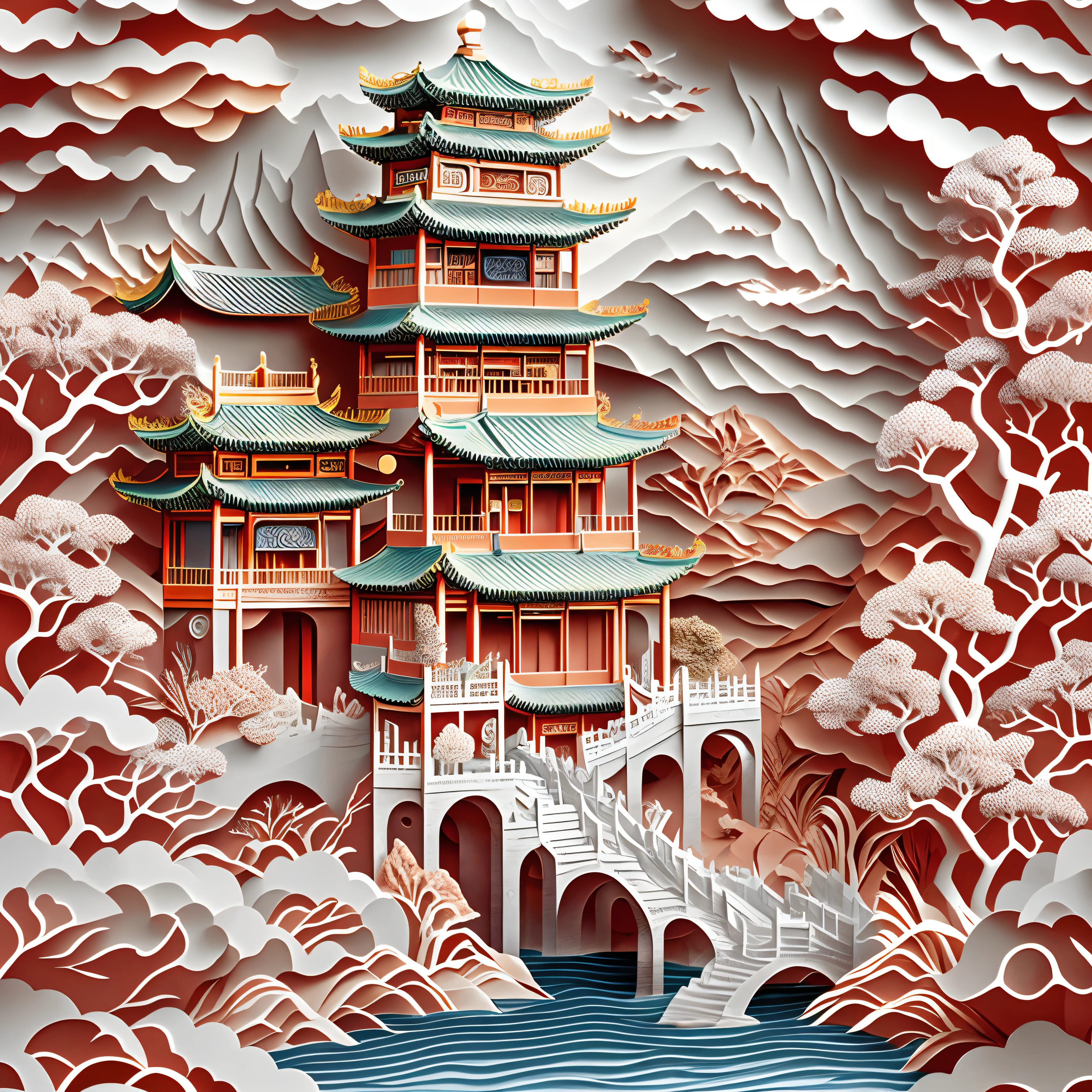 Paper Cutting，Chinese Architecture，garden，landscape，Sea of Clouds，16K, best quality, masterpiece, Ultra HD resolution, Reasonable composition