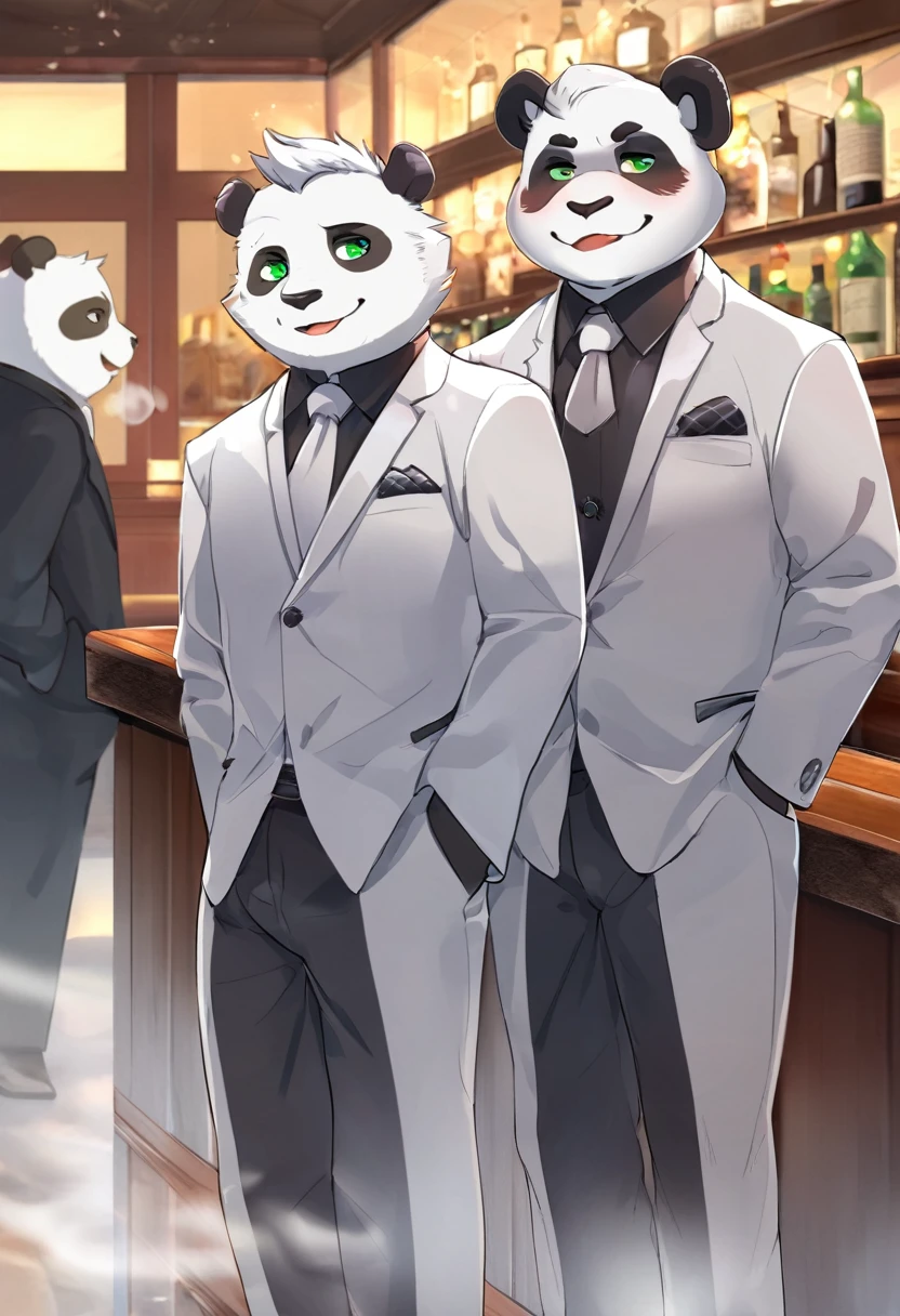 panda,personification,Mature male,Disciple,flirty expression,Green pupils,Black eyebrows,White suit suit,Hands in pockets,The Age of Steam,Lively bar。