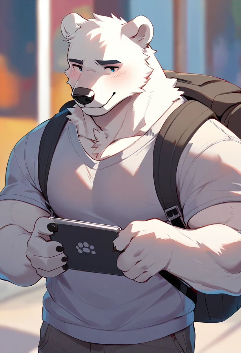 polar bear, 1boy, male, solo, (muscle:0.3), big tits, pecs, shy face, casual clothes, backpack, pan left angle