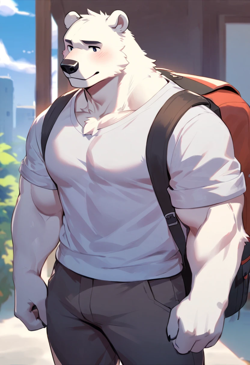 polar bear, 1boy, male, solo, (muscle:0.3), big tits, pecs, shy face, casual clothes, backpack, pan left angle