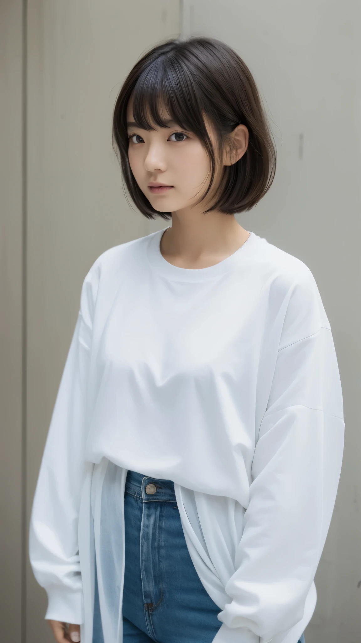 (top-quality、16K resolution)1 girl、solo、natural soft light、、A Japanese Lady、Looking at the camera、Long sleeve white T-shirt、Concrete background、Facing the front、is standing、bobhair、Woman in her late teens、Light bangs、short-hair、Salon model、Natural look、portlate、floated hair、Rolled hair