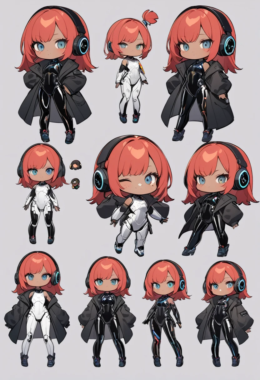 full body, reference sheet,1 girl, Android girl, cyberpunk, chibi emote, chibi character, (cute:1.3),red Hair, left eye yellow, right eye blue, tan skin, freckles｛White breastplate, Black futuristic headphones, Mechanical black glossy metallic Bodysuit, Bare shoulders, oversized jacket, Glossy, shiny material｝