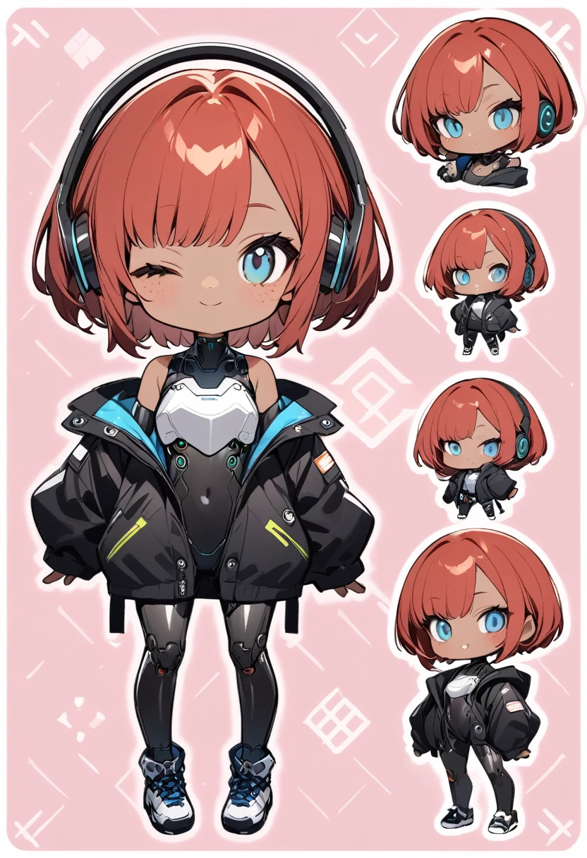 full body, reference sheet,1 girl, Android girl, cyberpunk, chibi emote, chibi character, (cute:1.3),red Hair, left eye yellow, right eye blue, tan skin, freckles｛White breastplate, Black futuristic headphones, Mechanical black glossy metallic Bodysuit, Bare shoulders, oversized jacket, Glossy, shiny material｝