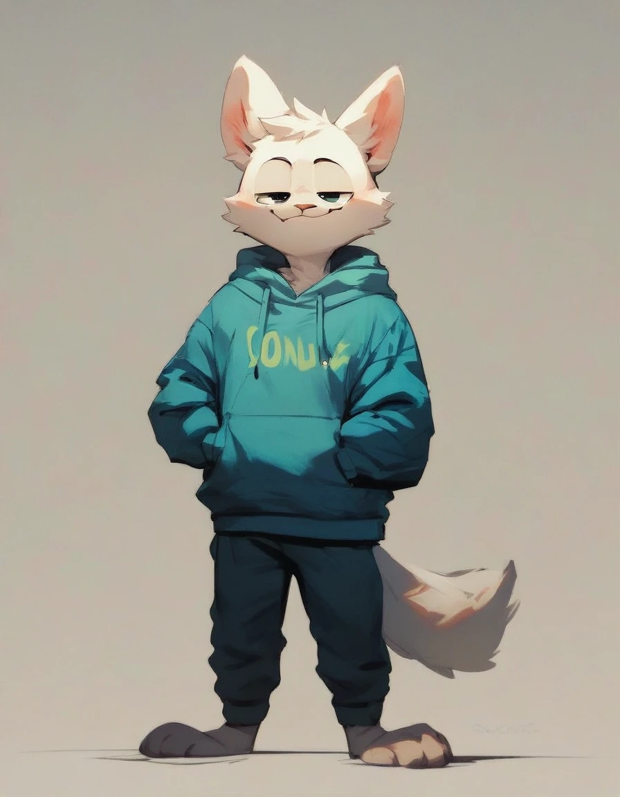score_9,score_8_up,score_7_up,score_6_up,score_5_up,score_4_up, solo anthro furry, boykisserfur, male, white fur, white ears, smug, hoodie, full body, 3 mouth