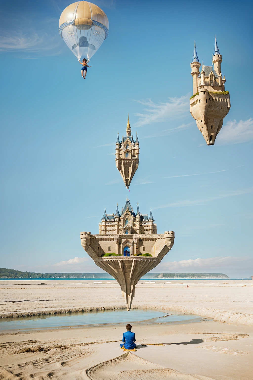 There is a boy sitting on the beach with a castle in the background, castles floating in the air, levitating above the ground, flying castle, rising in the air levitating, levitating, photo manipulation, surreal photo, surreal photography, forced perspective, levitation, beach surreal photography, levitating sand, photography alexei gurylev, surreal portrait photography