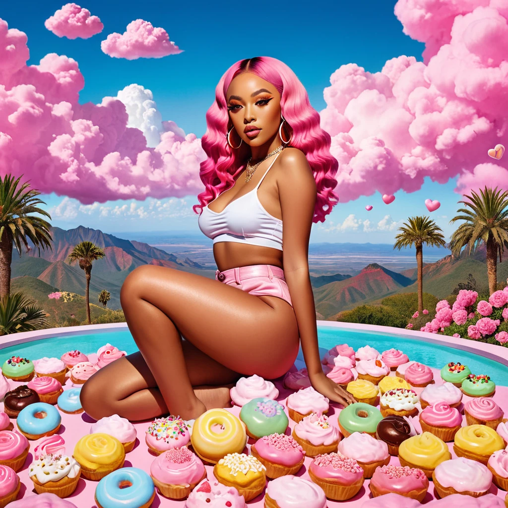 advertising poster, Promotional Photo for Pop Rap Single CALIFÓRNIA GIRLS by artist called Doja Cat, lots of sweets, pink clouds, hair down to the feet, big ass, perfect body, fantastic landscape,