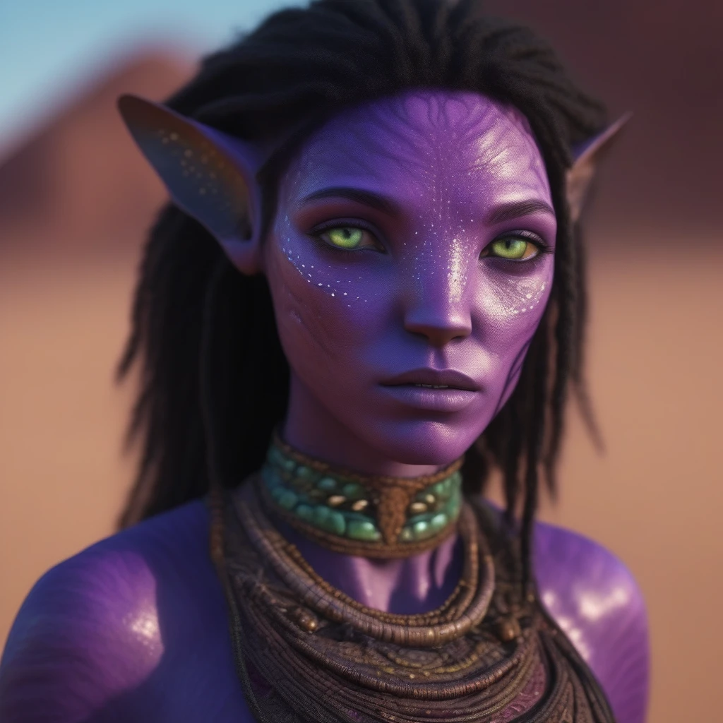 (face portrait), na'vi, 1girl, female, (green eyes), ((big detailed alien eyes)), ((eyebrowless)), ((pointy ears)), (purple skin tone), (wavy hair), dreadlocks, black hair color, ((short hair)), (young adult), 18 years old, face wrinkles, ((wearing desert clothing)), (wearing tribal acessories), detailed eyes, ((lizard scales all over skin)), toned body, muscled body, vibrant colors, ethereal atmosphere, surrealistic dreamy lighting, textured skin, otherworldly beauty, mesmerizing photography, (best quality, highres), vivid colors, ultrarealistic, skin details, sfw, face close-up, ultradetailed body, (violet skin), dark background, desert background