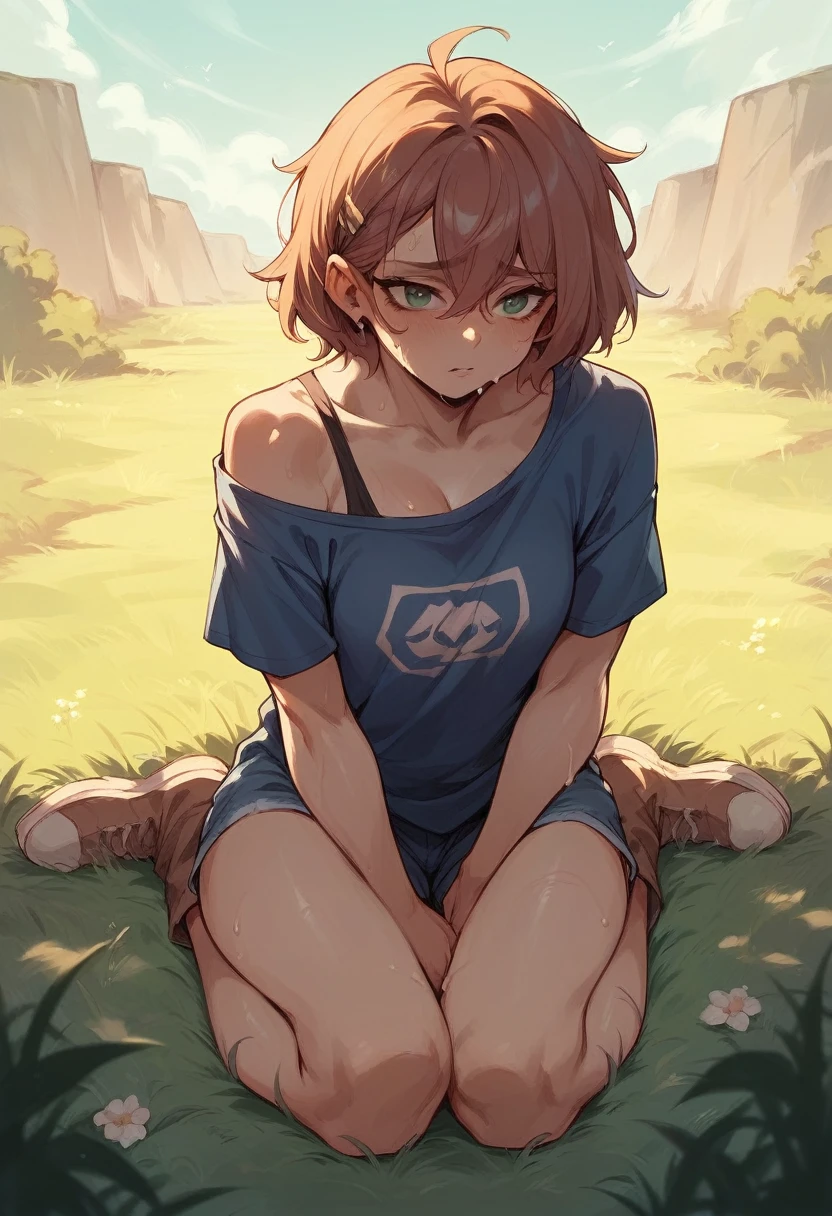 A woman expose her sweaty sole feets. She I sitting in the grass