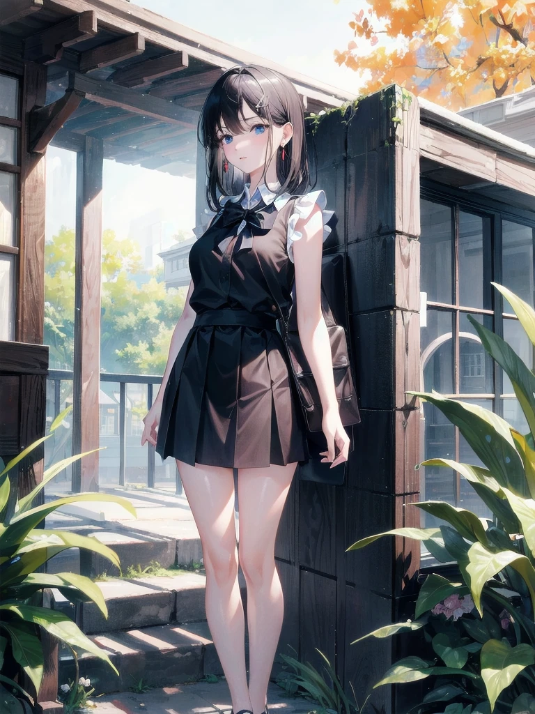 absurdres, RAW photo, extremely delicate and beautiful, masterpiece, Best Quality, ultra high resolution, 32k, hyperrealistic, ultra-detailed, in her 20s, delicate facial features, tearful mole, earring, medium breasts, full body shot, shorter middle hair, black hair, summer school_uniform shirt, sleeveless,
