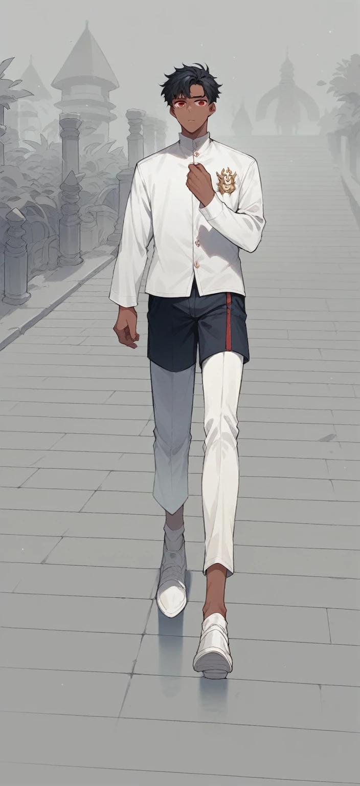 a pretty Male, brown skin red eyes and wearing on his head a crown ,black hair wearing a mage uniform, the man is walking inside a school halls. Manhwa style.