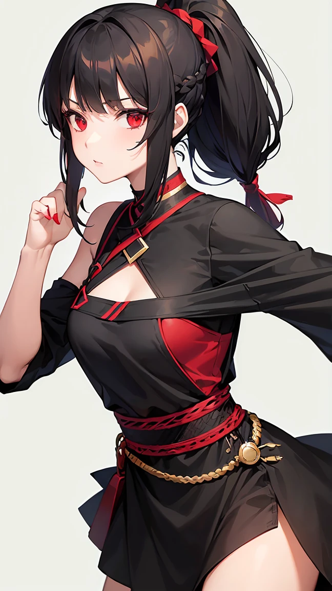(Woman1,triangle face,red eyes,black hair,braided ponytail hairstyle),quite,cowboy shot,off shoulder mini dress,green background,hd,highly detailed