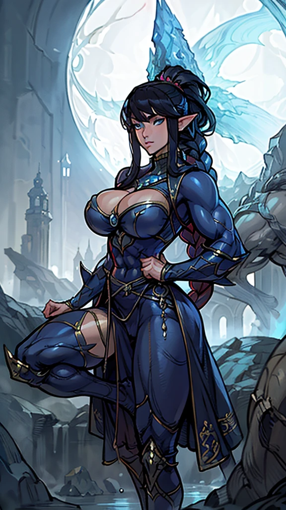 stunningly sensual elfess, large well-trained muscles, very impressive hypermuscular physique, magical and mysterious, bulging feminine proportions, perfect and flawless muscular sensual body, vascular massive biceps, deep black hair, pale chaik white skin, female elf wizard in fantasy setting