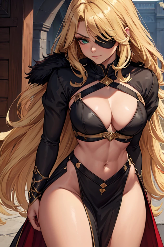 ((masterpiece)), ((best quality)), 1girl, adult, long hair, ((blonde hair)), very long blonde hair, ((intimidant look)), ((close-up)), profile image, green eyes, black and red clothes, sexy, dark colors, brillant eyes, ((coat with fur)), ((wavy hair)), exposed skin, ((sexy pose)), ((intimidant look)), good anatomy, no background, ((dark sage clothes)), ((straight cut bangs)), emotionless, intimidant, ((beautiful eyes)), close up, ((detailed eyes)), beautiful eyes, ((detailed face)), hair bang, frontal look, evil, relaxed, smile, magical goddess othinus, detailed face, eyepatch, full body, ((detailed))