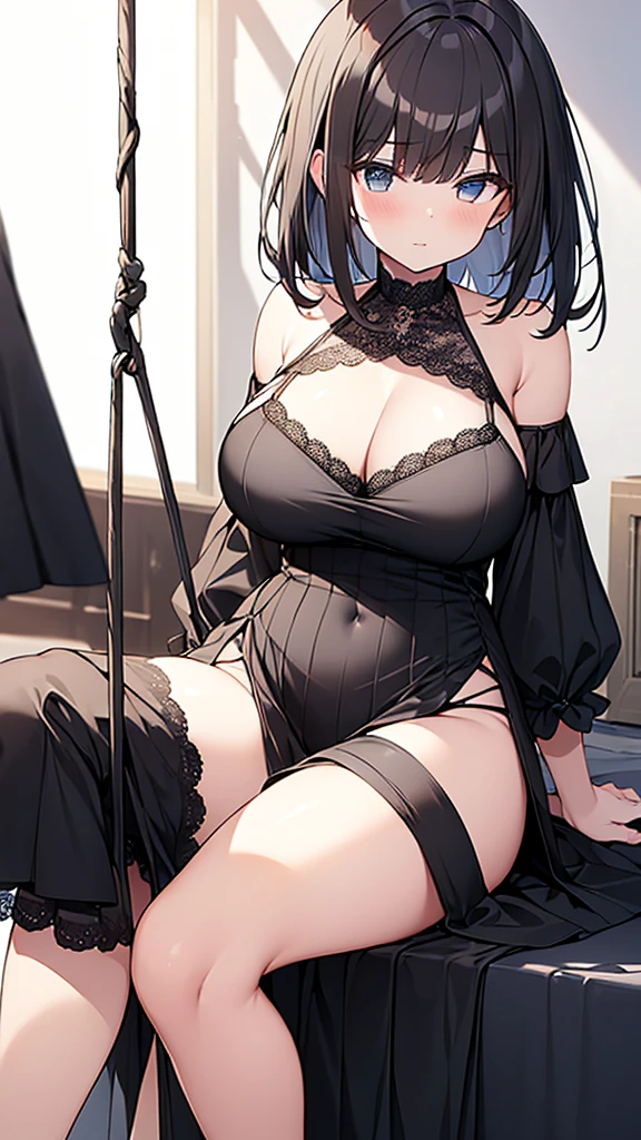 ((masterpiece)), (Highest quality), (Simple style), Big Breasts, Swinging Big , Wearing a face stolen from someone else, No sleeve, Sleeveless, Off the shoulder, Black Dress, Pleated lace, Lace dress, 白ニーソックス. whole body, Luxurious Room, NSFW