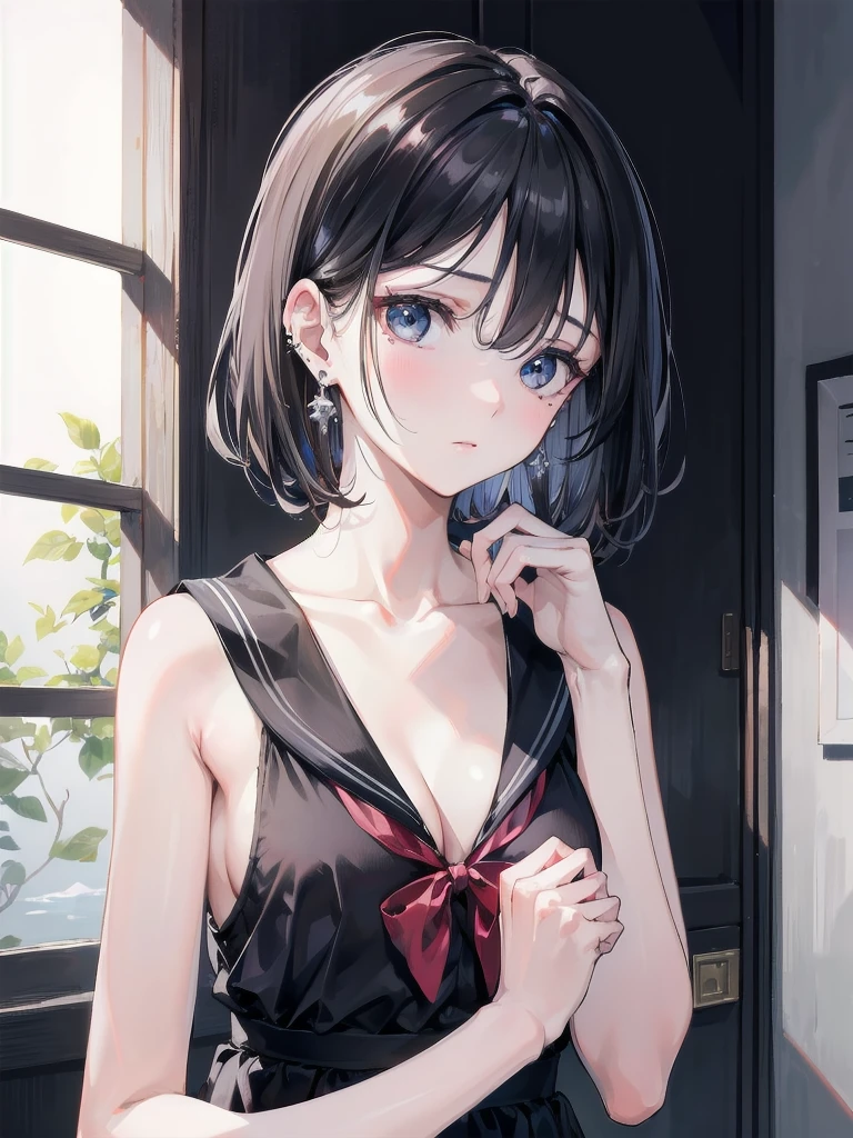 absurdres, RAW photo, extremely delicate and beautiful, masterpiece, Best Quality, ultra high resolution, 32k, hyperrealistic, ultra-detailed, in her 20s, delicate facial features, tearful mole, earring, medium breasts, full body shot, shorter middle hair, black hair, summer school_uniform shirt, sleeveless,