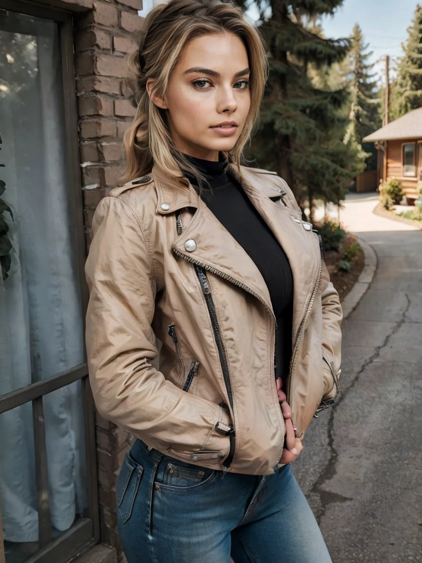 Extremely busty thin and toned brunette biker, college girl, margotr, fair skin, hair pulled back, soft face, athletic, motorcycle jacket, sunglasses, tight pants. standing in front of her house, outdoors, driveway, suburbs, biker attire, unzipped, cleavage 