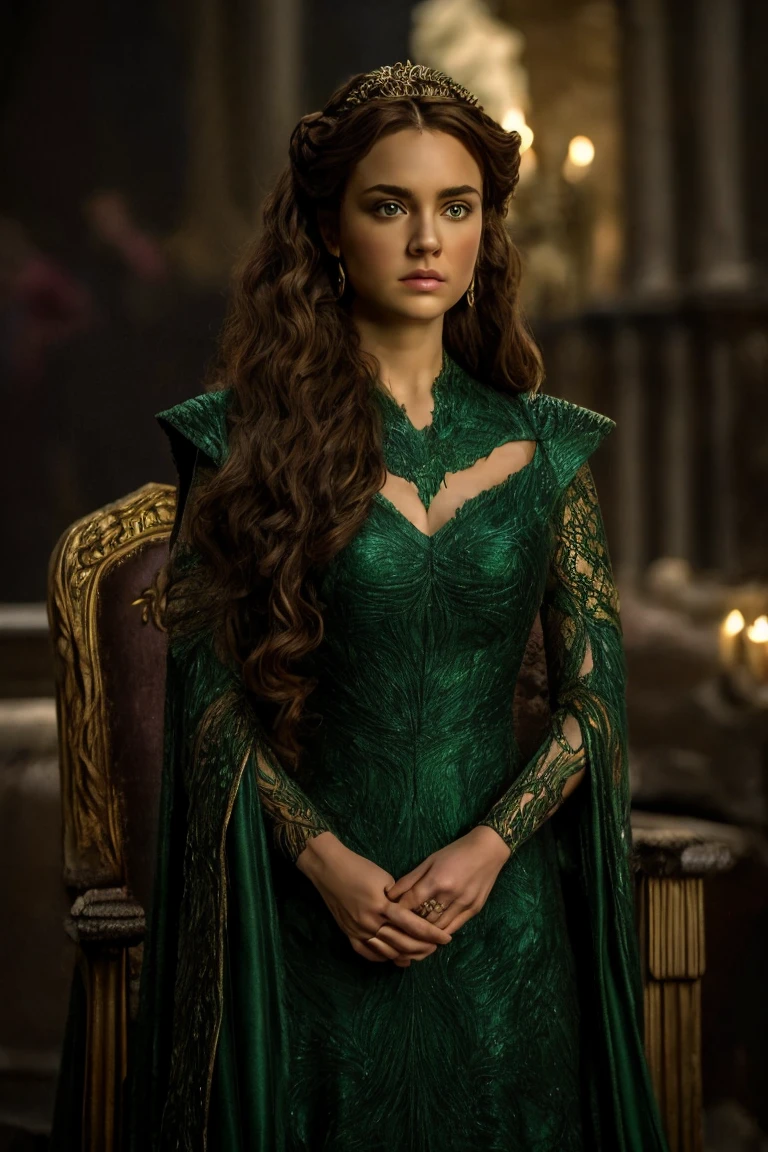 masterpiece, high quality, intricate details, cinematic photo queen Alicent, Alicent, brunette hair, wearing green dress, big hair, wavy hair, hand supporting head, iron throne room, realistic, best quality, highly detailed high saturation