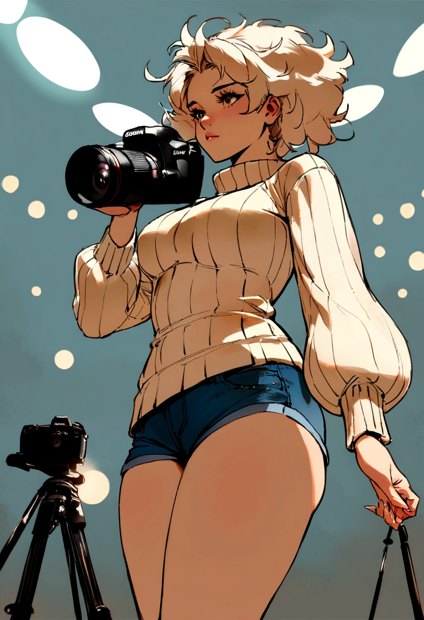 (), big fit ass ,(work of art), best qualityer, extremely detaild, (water colour), blossom, Delicate and gorgeous, illustration, (from low),(1 girl:1.4), (standing alone:1.2), seios big fit asss, (ribbed sweater:1.3), ombro to ombro sweater, (short shorts:1.2), bared shoulders, (below the chest), ((darkskin:0.8)), gorgeous eyes, (disheveled hair ), fot, over shoulder shot, por Alex Maleev, proffesional, Canon Camera, Nikon Camera, Spitz, bokeh, Studio quality, Fish-eye lens, by Robert Capa ,