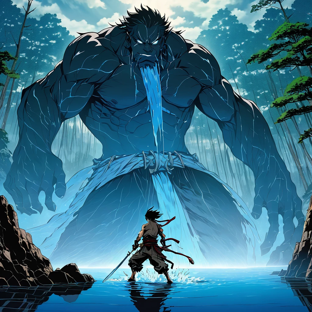 Amid a moonlit night in the dense forest, Giyu Tomioka, the Water Pillar, advances silently, your intense eyes reflecting relentless determination. With his Nichirin sword gleaming in the moonlight, he feels the ominous presence of demons around him. The night breeze carries with it the metallic smell of blood, signaling an imminent battle. Giyu respira fondo, invoking the Water Breathing technique, and in a fluid movement, like a powerful current, he prepares to face enemies with a devastating combination of skills and lethal precision Describe the scene in which Giyu Tomioka unleashes one of his most powerful forms of Water Breathing to protect the innocent and eliminate demons with unparalleled mastery