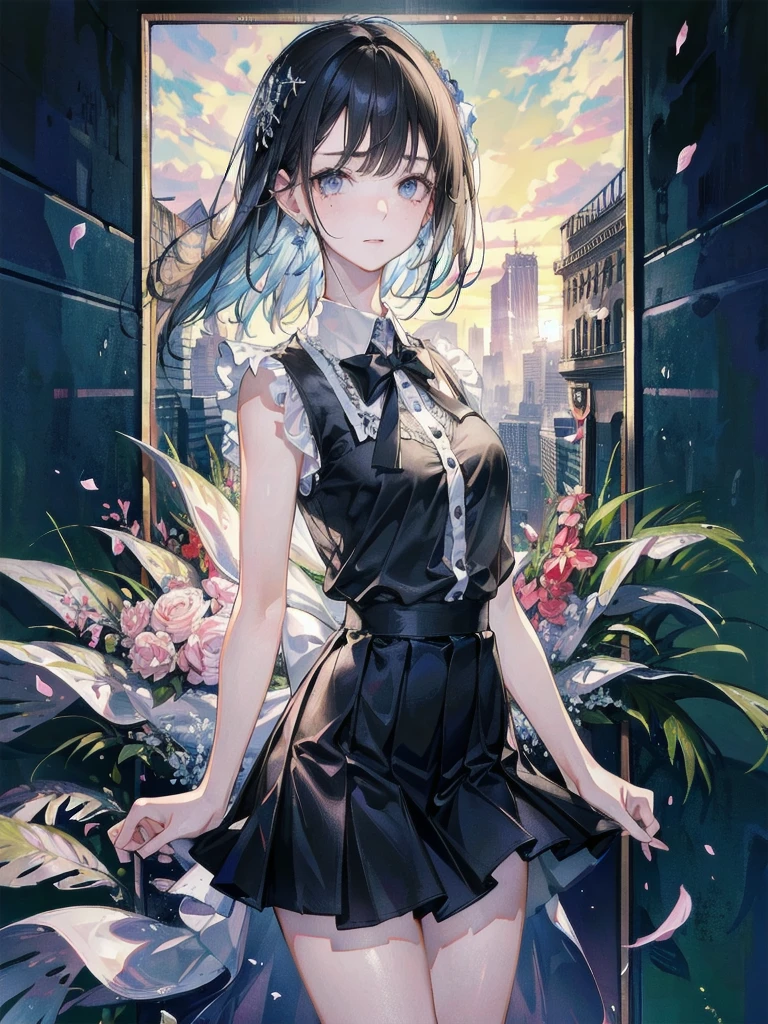absurdres, RAW photo, extremely delicate and beautiful, masterpiece, Best Quality, ultra high resolution, 32k, hyperrealistic, ultra-detailed, in her 20s, delicate facial features, tearful mole, earring, medium breasts, full body shot, shorter middle hair, black hair, summer school_uniform shirt, sleeveless,
