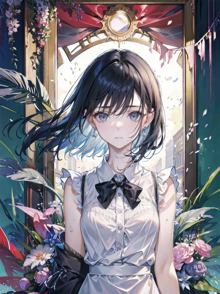 absurdres, RAW photo, extremely delicate and beautiful, masterpiece, Best Quality, ultra high resolution, 32k, hyperrealistic, ultra-detailed, in her 20s, delicate facial features, tearful mole, earring, medium breasts, full body shot, shorter middle hair, black hair, summer school_uniform shirt, sleeveless,