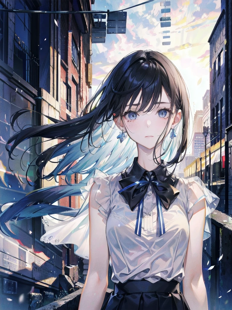 absurdres, RAW photo, extremely delicate and beautiful, masterpiece, Best Quality, ultra high resolution, 32k, hyperrealistic, ultra-detailed, in her 20s, delicate facial features, tearful mole, earring, medium breasts, full body shot, shorter middle hair, black hair, summer school_uniform shirt, sleeveless,